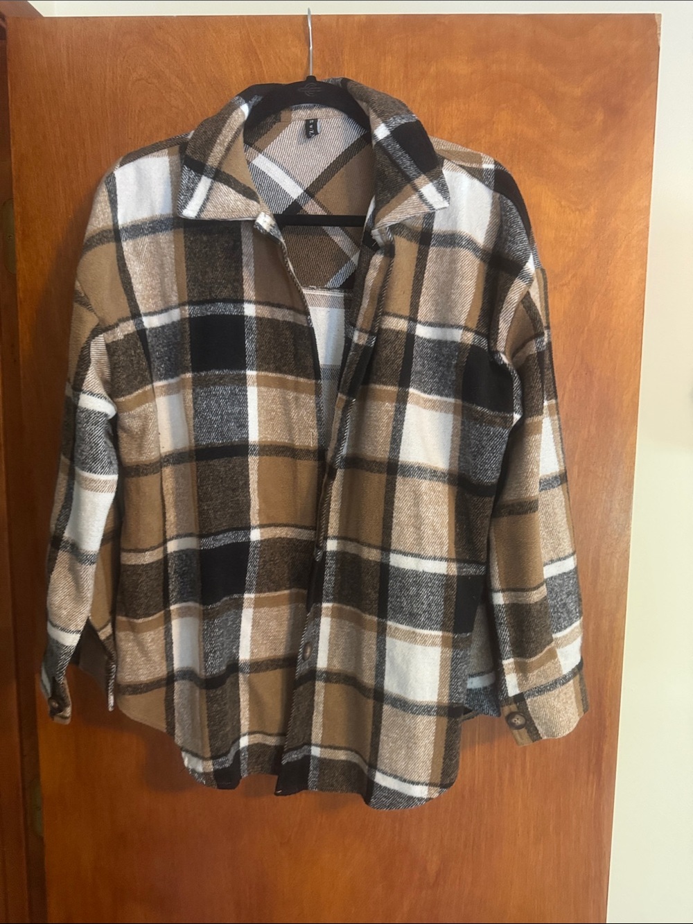 Plaid Shacket in Tan, Black & White - Women's Jacket